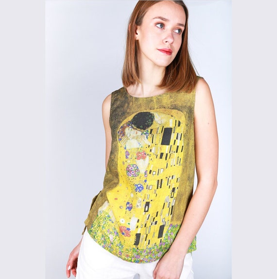 Linen top, Gustav Klimt, The Kiss, Women's summer clothing, Linen blouse for summer, blouse for beach