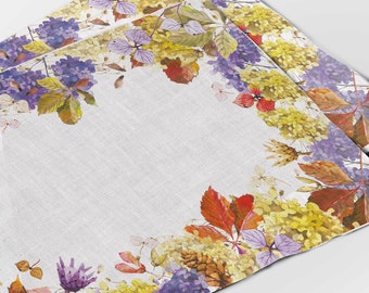 Floral Linen Placemats Set, Autumn Table Decor, Handmade in Lithuania