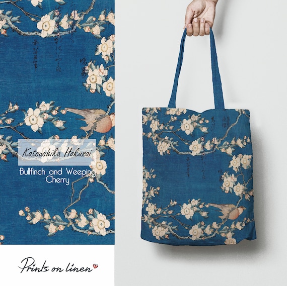 Katsushika Hokusai, tote bag canvas, Bullfinch and Weeping Cherry, linen bag, gift for teacher, shopping bag, Japan bag, Japan art bag