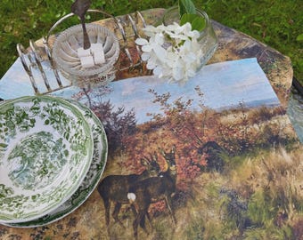 Linen Placemats, Roe Deer with Autumn Leaves by Josef Schmitzberger, Vintage Table Decor, Handmade in Lithuania, Fall Home Decoration