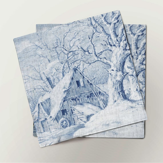 Napkins set, Winterlandschap, Johannes Jelgerhuis, 1780 - 1836, linen napkins, 100% linen, Winter napkins, Christmas napkins