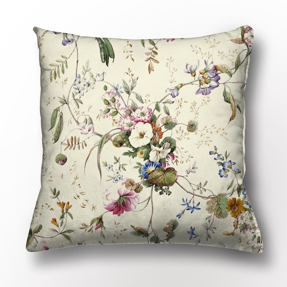 Cushion cover, Textile, Botanical print, William Kilburn, Floral print, Cushion for sofa, linen pillow, 100% linen, 18x18, pillow zipper