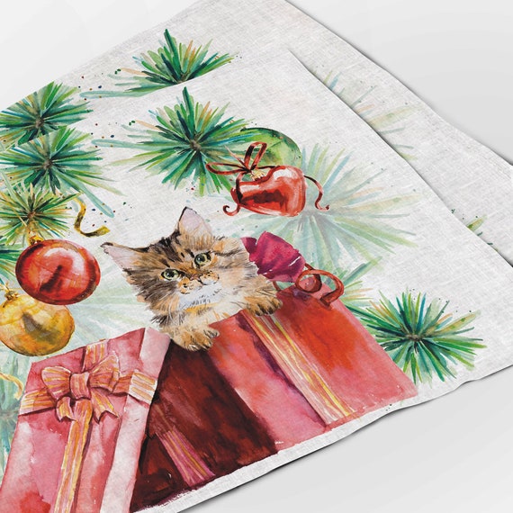 Christmas placemats, Christmas cat, linen placemats, placemats set, Christmas table decor, Cat print, cat lover gift, 100% linen