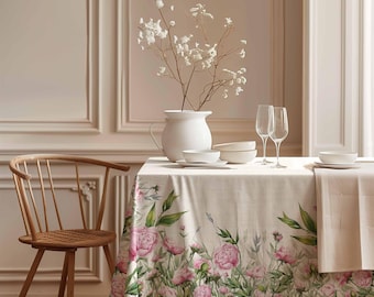 Linen tablecloth, farmhouse decor, peonies, 100% linen fabric