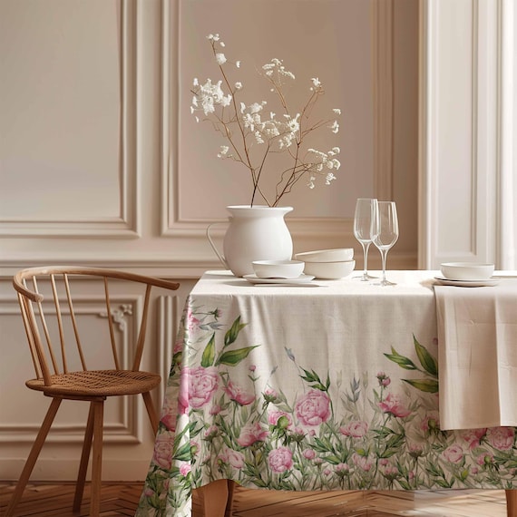 Linen tablecloth, farmhouse decor, peonies, 100% linen fabric