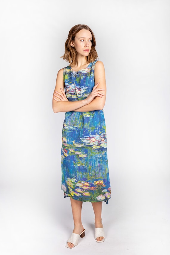Women dress, Midi dress, Claude Monet, Water Lilies, linen dress, linen women dress, 100% linen