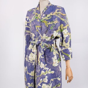 Accappatoio kimono in lino, stampa Van Gogh Almond Blossom, accappatoio viola blu