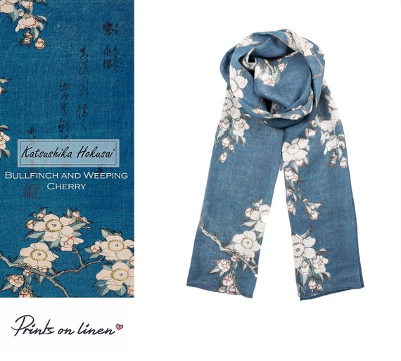 Scarf, Katsushika Hokusai, Bulffinch and Weeping Cherry, Japan art, Japan scarf, linen scarf, stonewashed, women scarf, Japanese artist