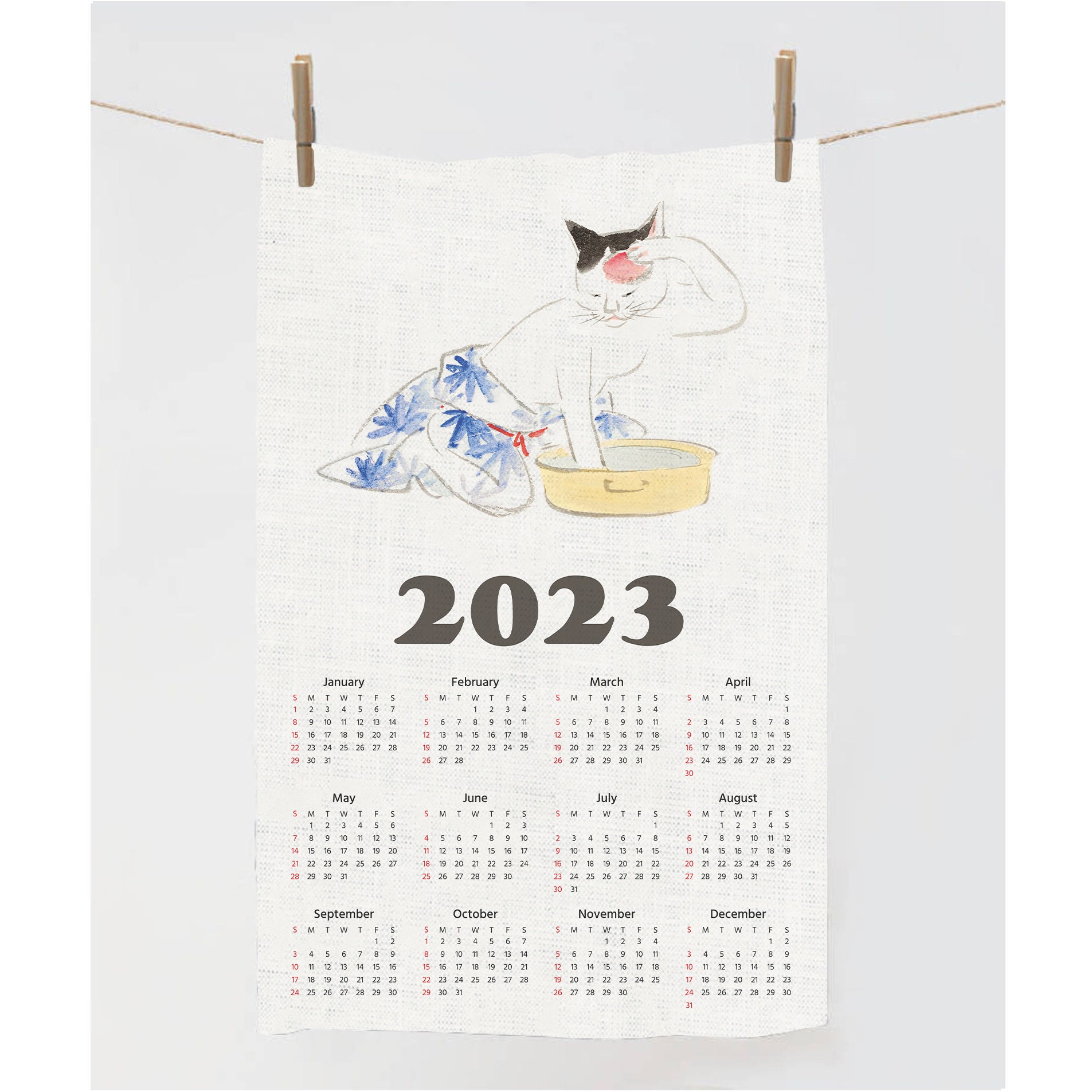 2023-calendar-towel-tea-towel-illustration-cat-towel-zodiac-tea-towel-linen-towel-100-linen