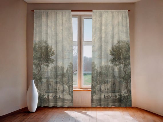 Linen Curtain Set,  Villa d’Este Garden Print, Italian Toile Decor, 100% European Linen
