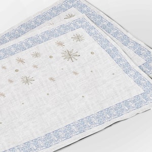 Placemats set, linen placemats, Snow flakes, farmhouse decor, fabric placemats, wabi sabi, cloth napkins, holiday, gift box