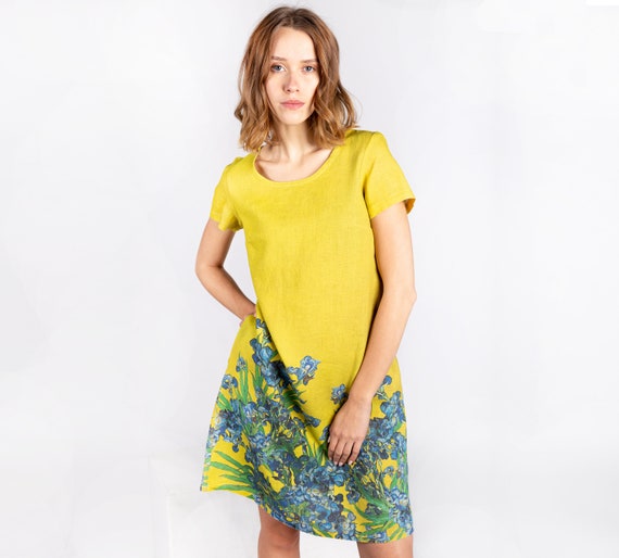 Linen linen, Vincent van Goh, Irises, linen women dress, 100% linen, dress short sleeves, pure linen dress, mustard yellow dress