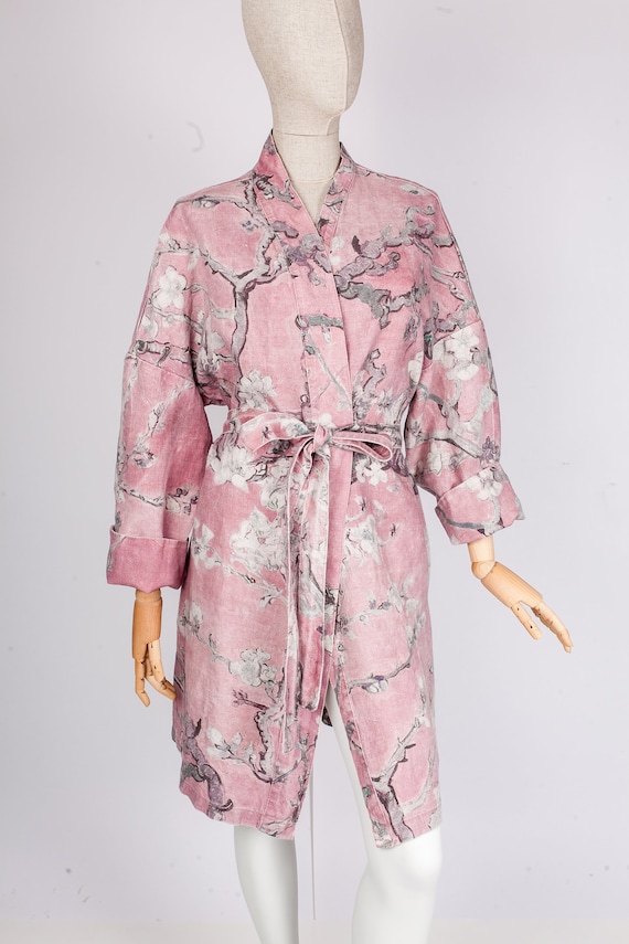 Van Gogh, kimono robe, kimono cardigan, bathrobe, Almond blossom, bridesmaid gift, Linen robe, linen, Linen bathrobe, organic, gift for her