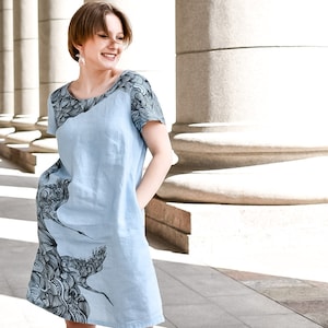 Linen dress, Wave, women summer dress, Cranes, Japan dress, blue linen dress, holiday dress, dress with pockets