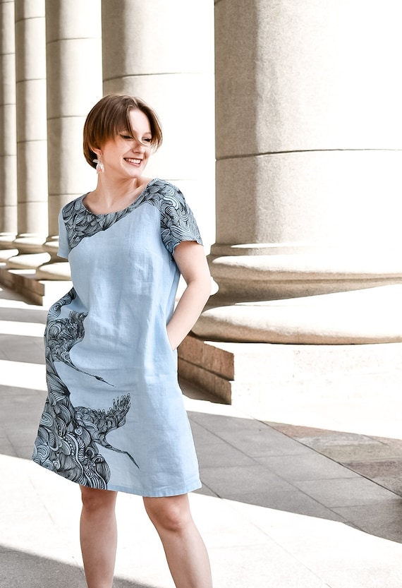 Linen dress, Wave, women summer dress, Cranes, Japan dress, blue linen dress, holiday dress, dress with pockets