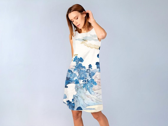 Linen Tunic Dress, Utagawa Kuniyoshi, Fuji no Yukei, Sleeveless with Pockets, 100% Linen