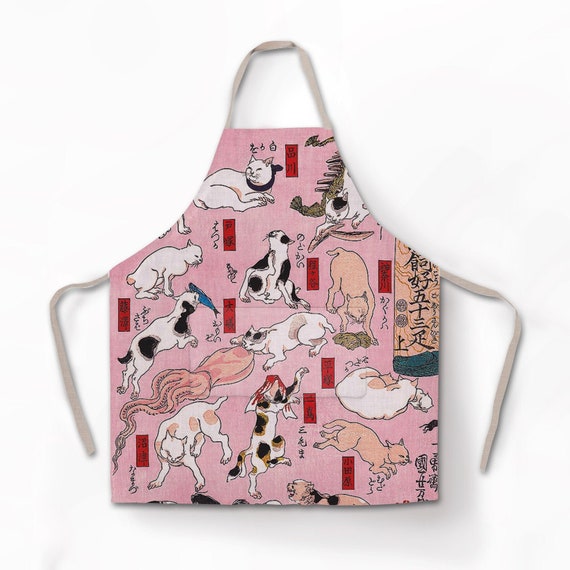 Linen apron, Utagawa Kuniyoshi, Cats Suggested by the Fifty-three Stations of the Tokaido", 100% linen, cross back apron