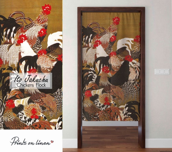 Noren, Itō Jakuchū, Chickens Flock, japan curtain, linen curtain, Japan art print, natural curtain, 100% linen, linen noren, noren curtain