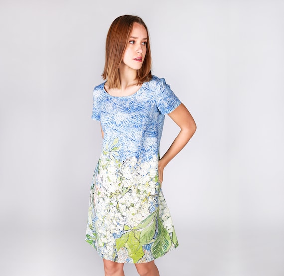 Linen dress, Van Gogh, Blossoming Chestnut Branches, Short sleeves dress, linen dress for women, Art print dress