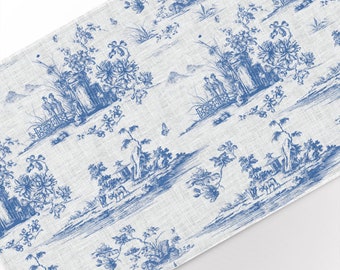 Chemin de table, Toile de Jouy, toile bleue, chemin de table toile, Chinoiseries, chemin de table en lin, 100 % lin, longueur personnalisée