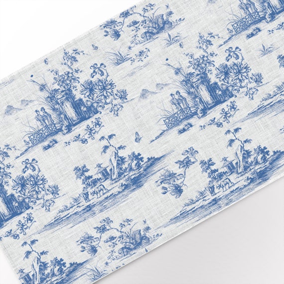 Table runner, Toile de Jouy, Blue toile, toile table runner, Chinoiserie, linen table runner, 100% linen, custom length