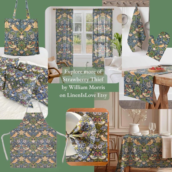 William Morris Strawberry Thief Linen Tablecloth, Boho Farmhouse