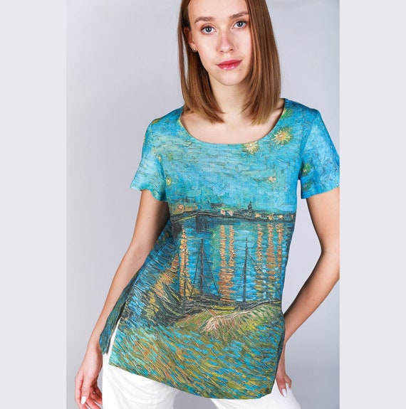 Women's blouse, Vincent van Gogh, Starry Night, breathable blouse, sustainable fashion, top short sleeves, 100% linen