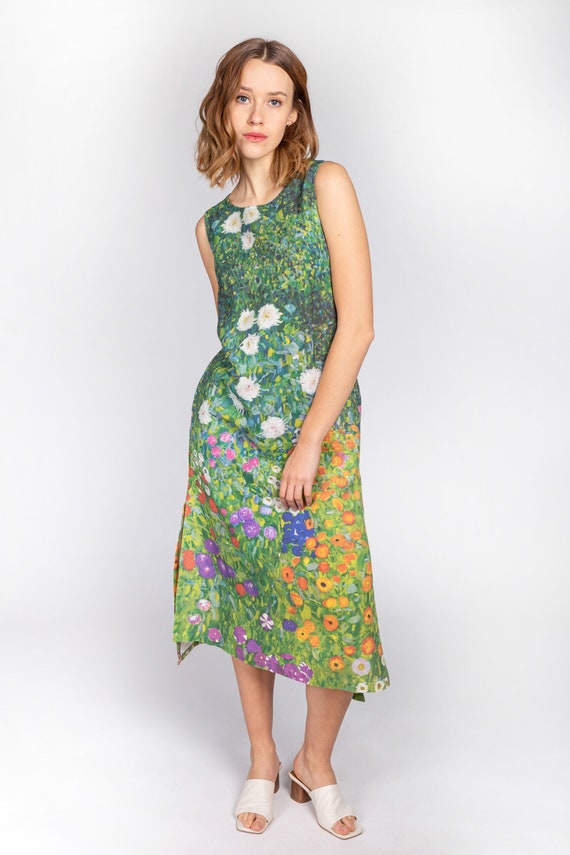 Women dress, Midi dress, Gustav Klimt, Flower Garden, linen dress, linen women dress, 100% linen