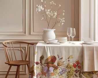 Linen Tablecloth, Autumn Print, Farmhouse Style