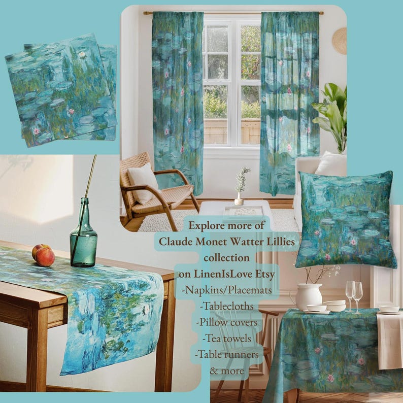 Tafelkleed, Monet, Waterlelies, 1915, vintage decoratie, 100% linnen afbeelding 3