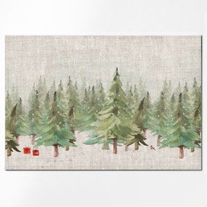 May include: A watercolor painting of a snowy forest scene with green pine trees and red birds. Two red gift boxes are in the foreground.