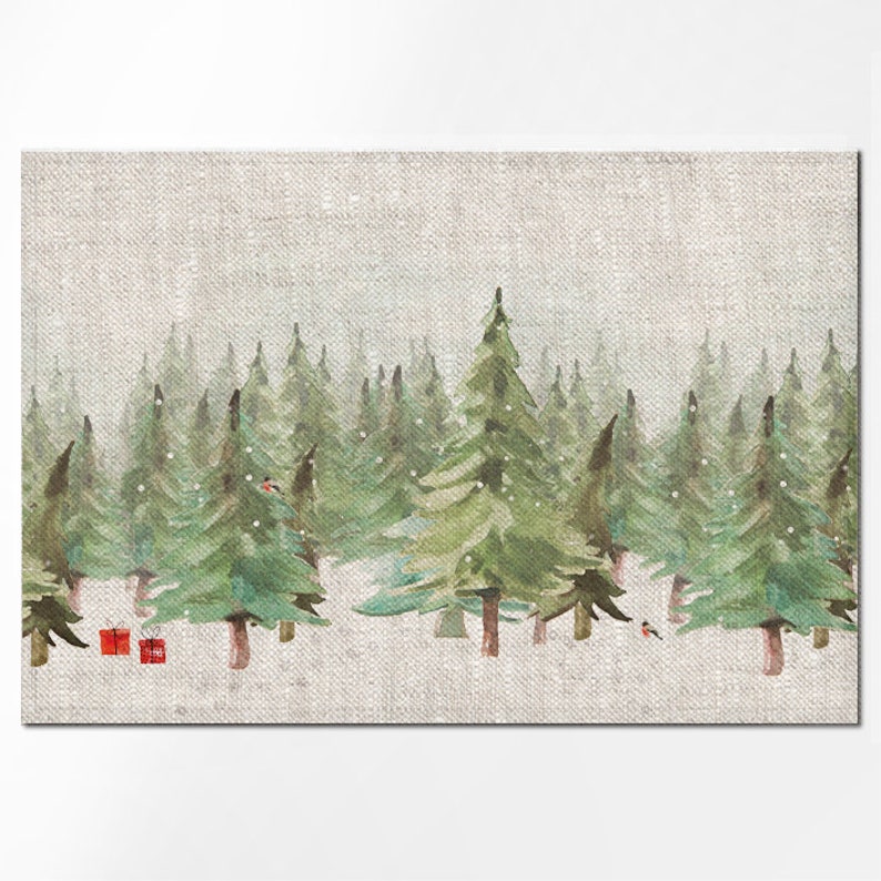 May include: A watercolor painting of a snowy forest scene with green pine trees and red birds. Two red gift boxes are in the foreground.