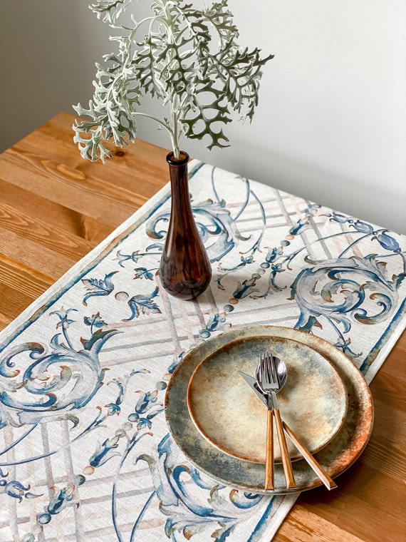 Table runner, Art dec, linen table top, 100% linen, custom length table runner, blue table runner, Holiday table runner, Christmas decor