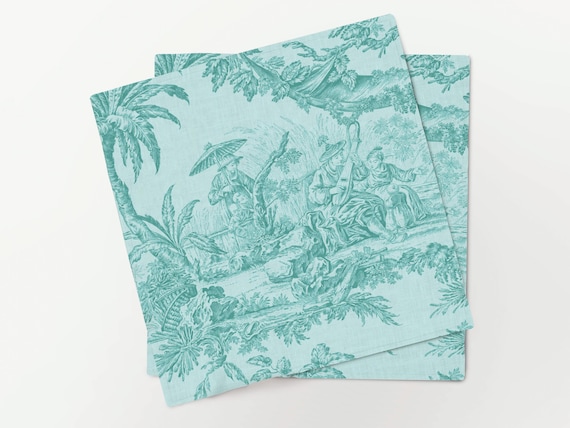 Napkins set, Tiffany Blue Toile de Jouy, 100% linen, napkin cloth, fabric napkins