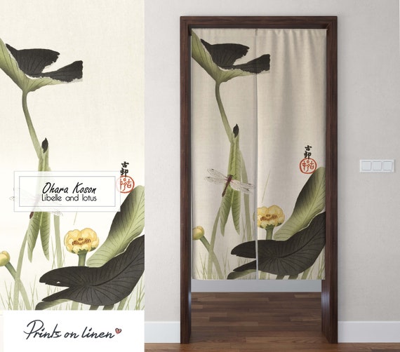 Noren curtain, Libelle and lotus, Ohara Koson, linen curtains, door curtain, 100% linen, panel curtain, closet cover, window curtains linen