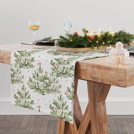 2025 CHRISTMAS TOP! Table runner, Robin Birds On Pine Trees, Christmas decor, 100% linen, Christmas table top