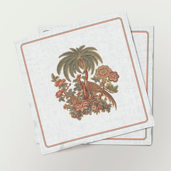 Napkins set, Vintage Toile Pattern, Palms, Pheasant, vintage flowers, 100% linen