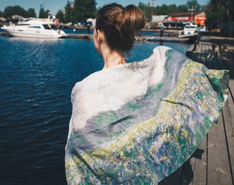 Monet Linen Scarf, Yellow Irises Art Shawl, Oversized Blanket Scarf