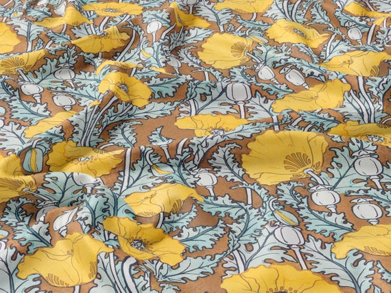 Linen fabric, Yellow Poppies, Fabric by yard, Fabric by meters, 100% linen, Fabric wholesale, Crafting fabric