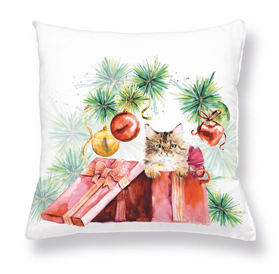 Cushion cover, Christmas Cat, Christmas decoration, linen pillow