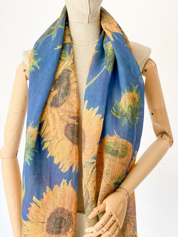 Blue - Yellow, Scarf, Van Gogh, Sunflowers, 100% linen, Linen scarf, gift idea, Boho Clothing, Gift For Her, Bohemian Scarf, Linen Wrap