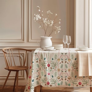 May include: A rectangular tablecloth featuring a repeating pattern of green pine branches, brown pinecones, red berries, and hanging gold and red ornaments on a cream background. The fabric drapes over a table set with a white pitcher and glasses.