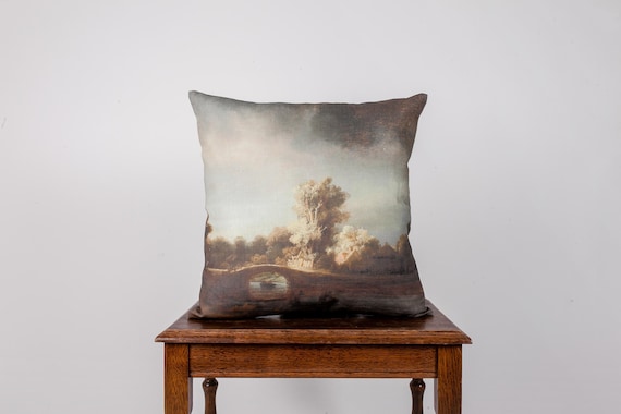 Rembrandt, Landscape with a Stone Bridge, cushion cover, linen pillow, 100% linen, cushion cover with zipper