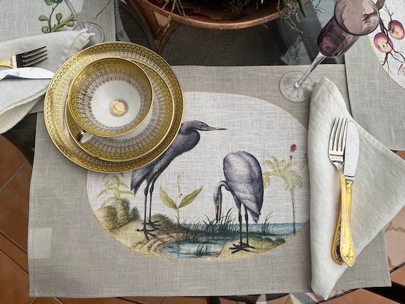 Placemats set, Two Great Egrets with Green Breeding Masks (1575–1580), Joris Hoefnagel, fabric placemats, 100% linen