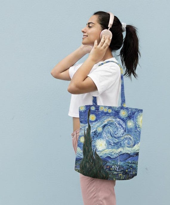Van Gogh Starry Night Linen Tote Bag, Art Print Shoulder Bag