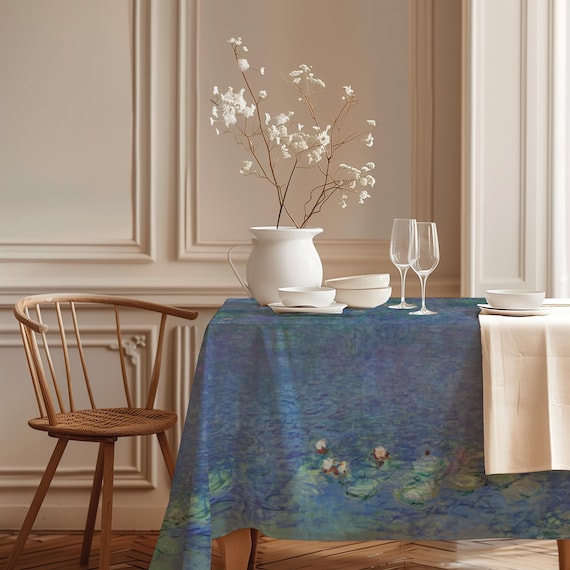 Tablecloth, Monet, Water Lilies, Morning, vintage decor, 100% linen, European Decor