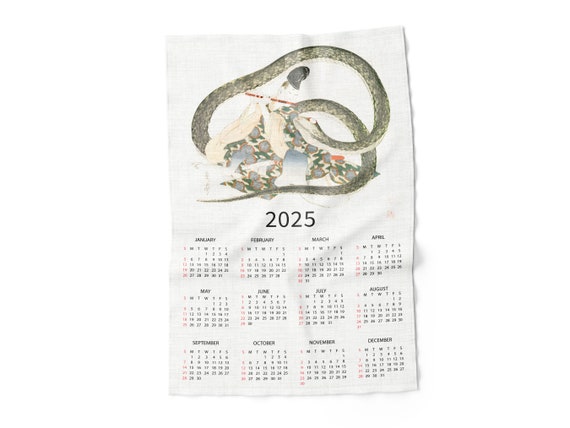 2025 Calendar Towel, Snake towel, 2025 snake year, Cat towel, Zodiac Tea Towel, linen towel, 100% linen