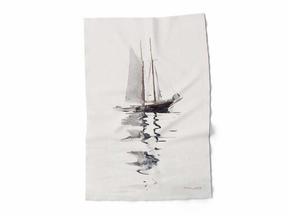 Linen towel, Two–masted Schooner with Dory (1894) by Winslow Homer, 100% linen
