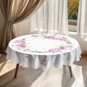 Round tablecloth, linen tablecloth, farmhouse decor, peonies, rustic decor, mother in law gift, 1st anniversary gift, wedding gift, linens