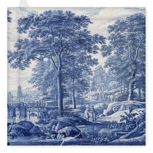 May include: Blue and white toile fabric depicting a detailed landscape scene. The design includes trees, a bridge, a river, and buildings in the background. The overall aesthetic is reminiscent of classic European art.